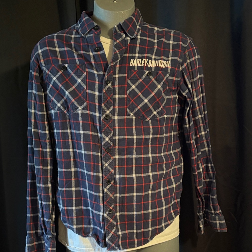 Harley-Davidson Men's Navy and Red Checkered Shirt